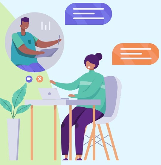 illustration of two people communicating online by video and chat