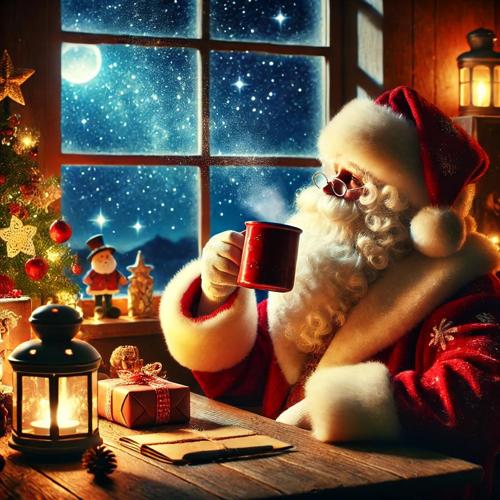 Santa Claus drinking a cup of cocoa in his office