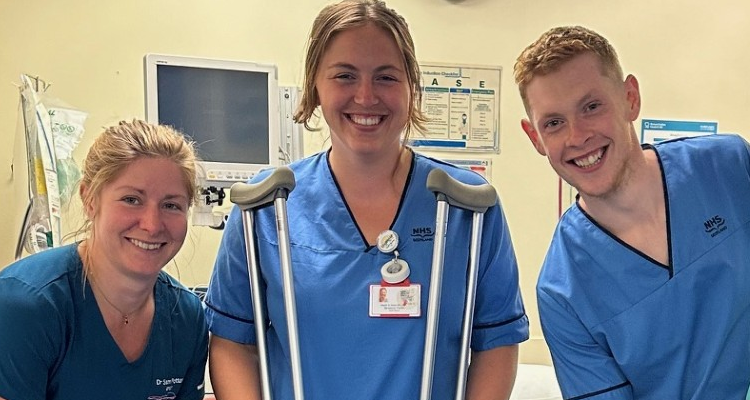 Belford Hospital staff with crutches